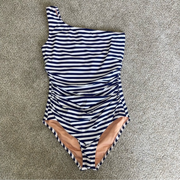 J. Crew Sleek Ruched One Shoulder Bathing Suit in Stripe 6 Dark Midnight NEW - Picture 4 of 8